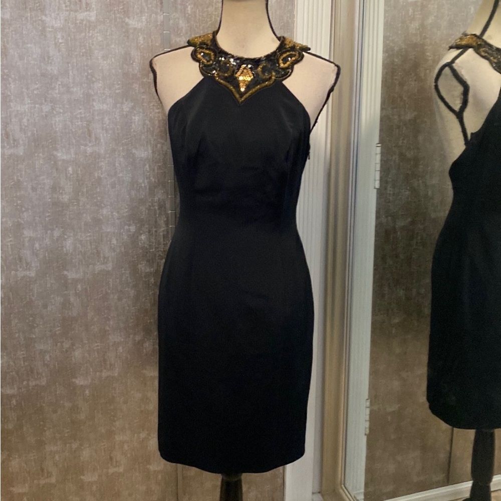Nite line Elegant Black Dress with Gold Embellishments, US6